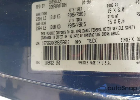 1991 Dodge Dakota from USA, damaged, VIN 1B7GG26X3MS259618